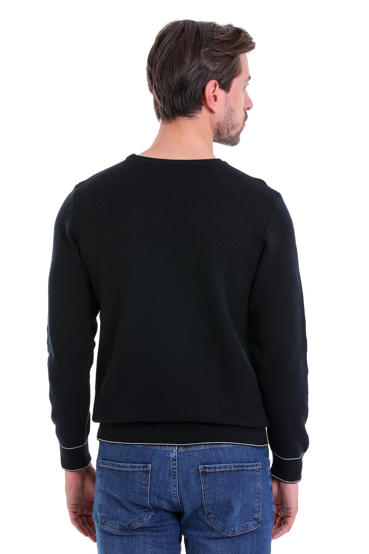 Regular Fit Cotton Blend Navy Crewneck Sweater - SAYKI