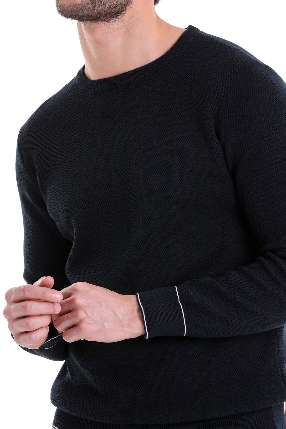 Regular Fit Cotton Blend Navy Crewneck Sweater - SAYKI