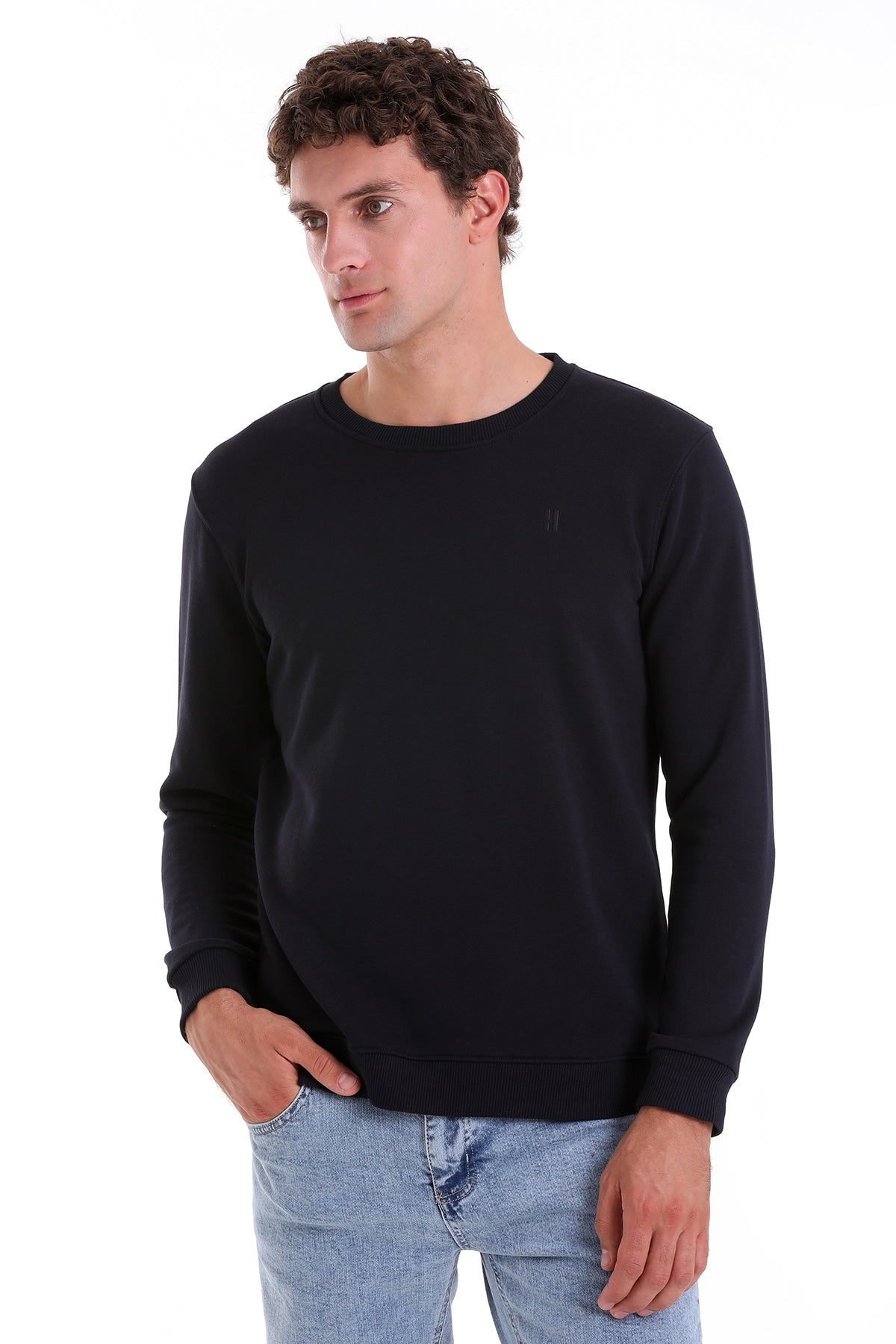 Regular Fit Cotton Blend Navy Crewneck Sweatshirt - SAYKI