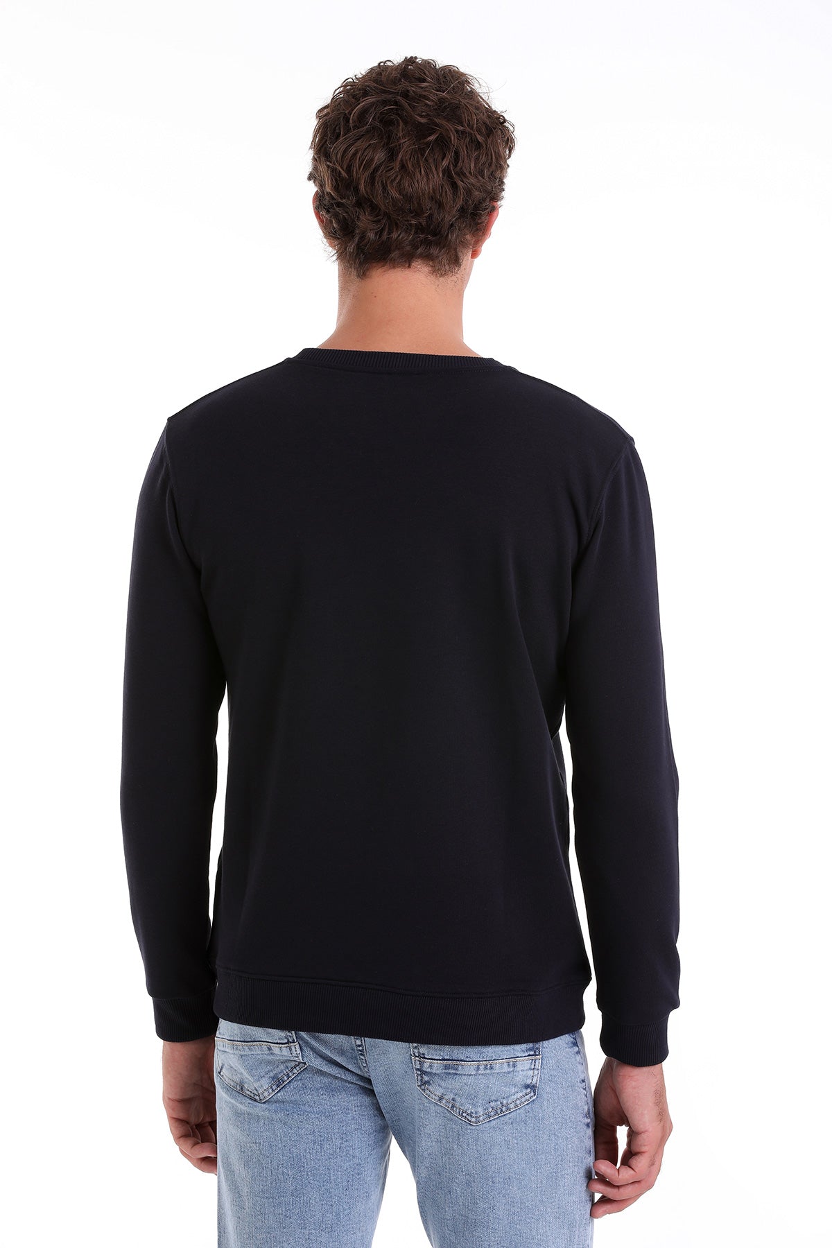 Regular Fit Cotton Blend Navy Crewneck Sweatshirt - SAYKI