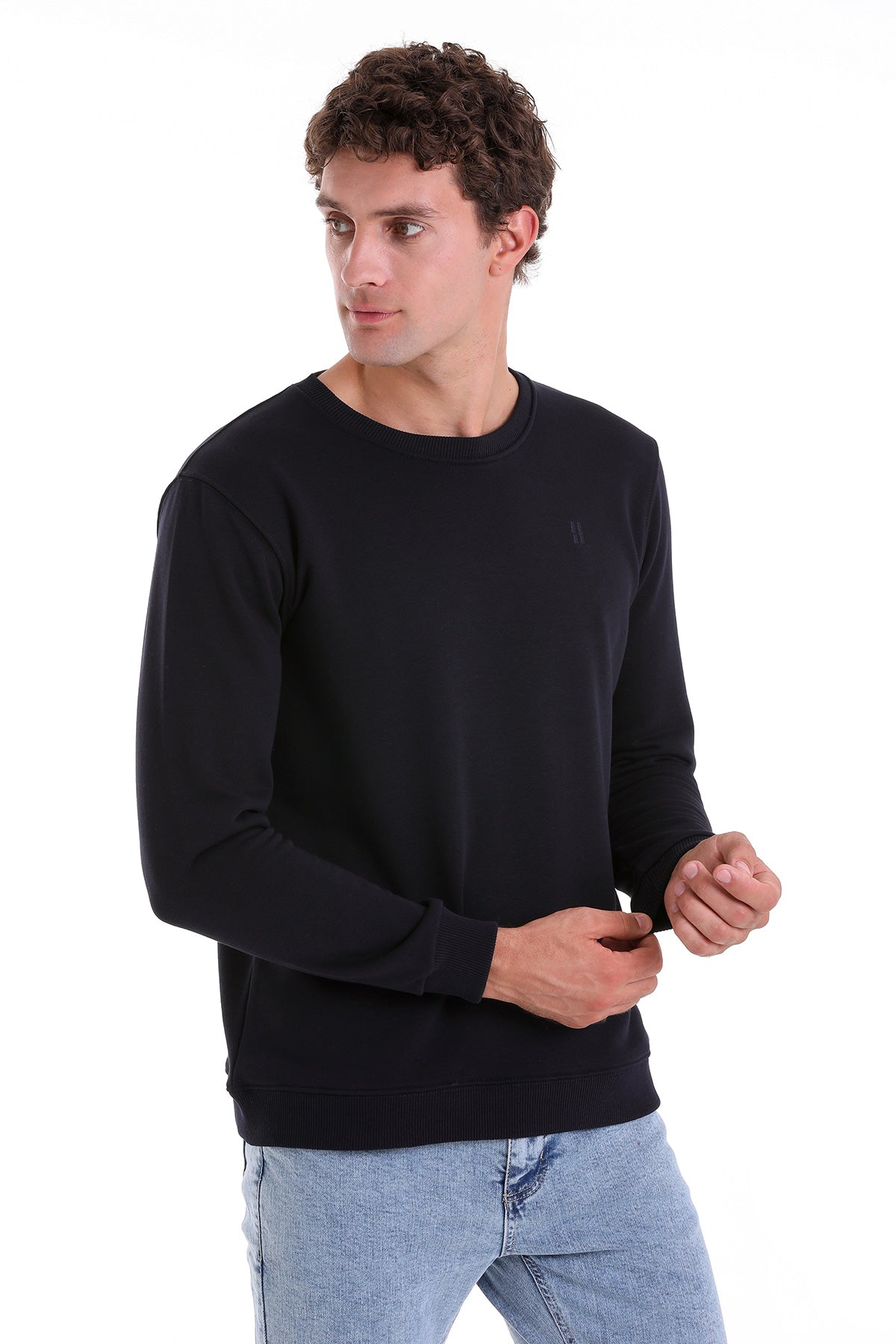 Regular Fit Cotton Blend Navy Crewneck Sweatshirt - SAYKI