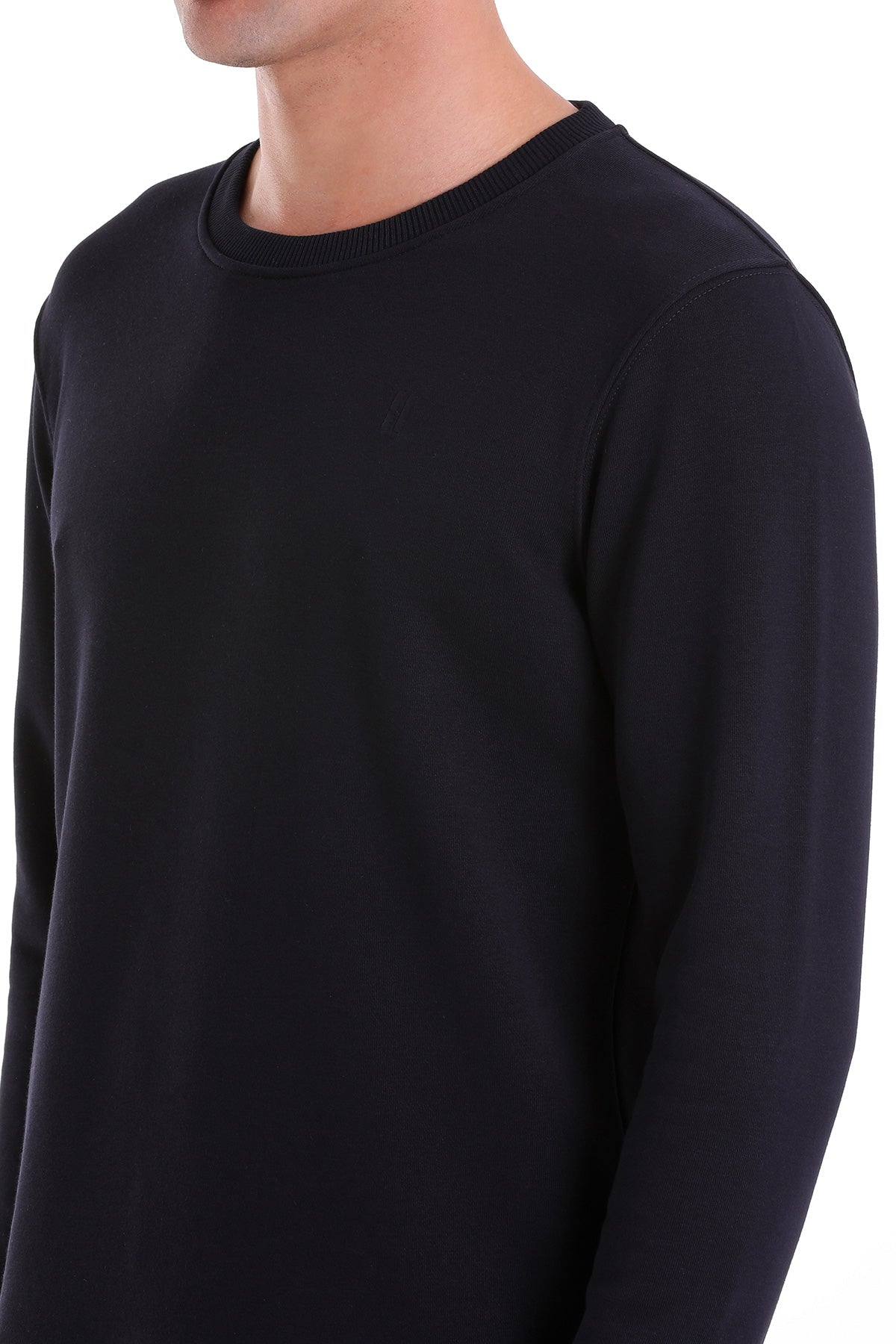 Regular Fit Cotton Blend Navy Crewneck Sweatshirt - SAYKI