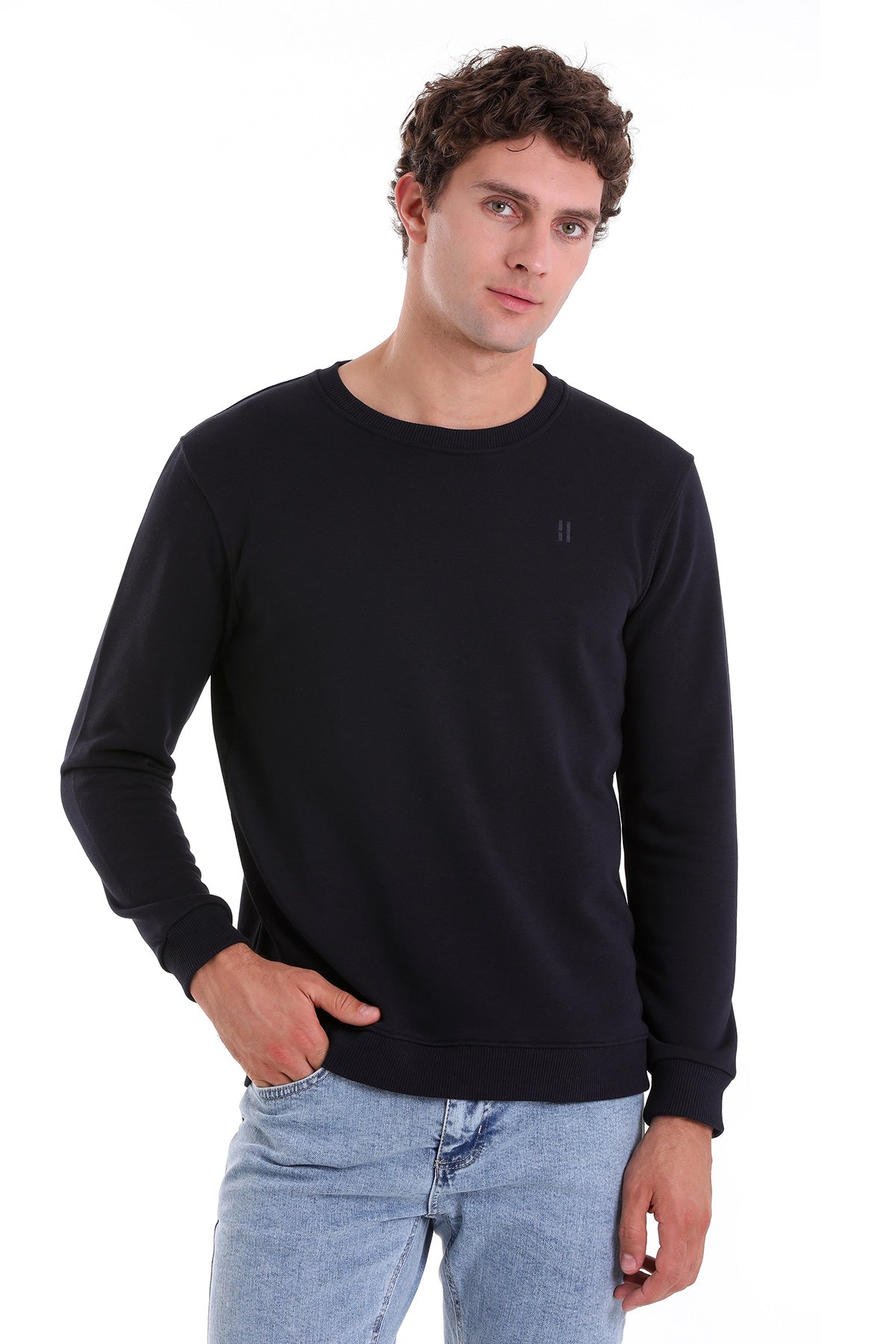 Black long-sleeved crewneck sweatshirt with a small minimalist logo on the left chest.