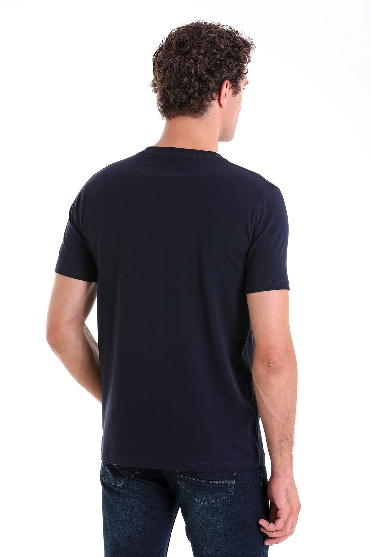 Regular Fit Cotton Blend Navy Crewneck T-Shirt - SAYKI