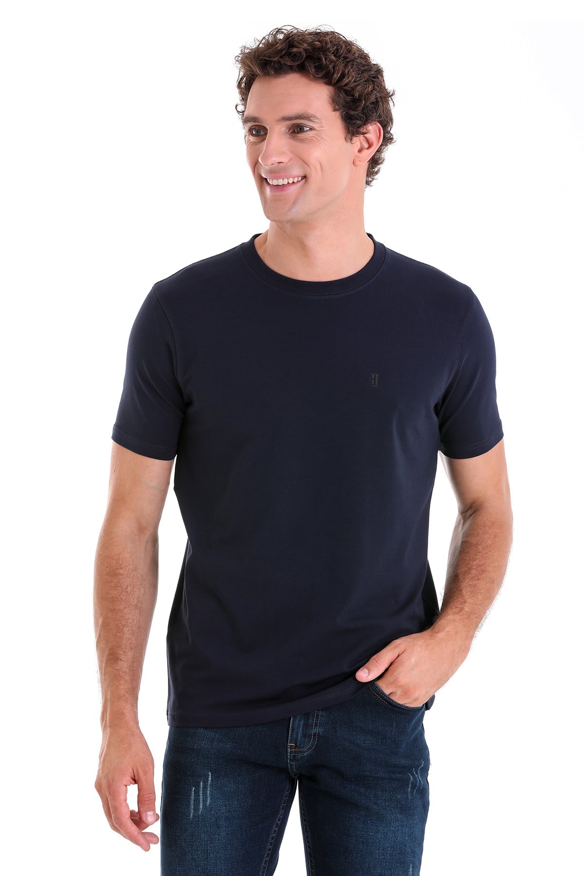 Regular Fit Cotton Blend Navy Crewneck T-Shirt - SAYKI