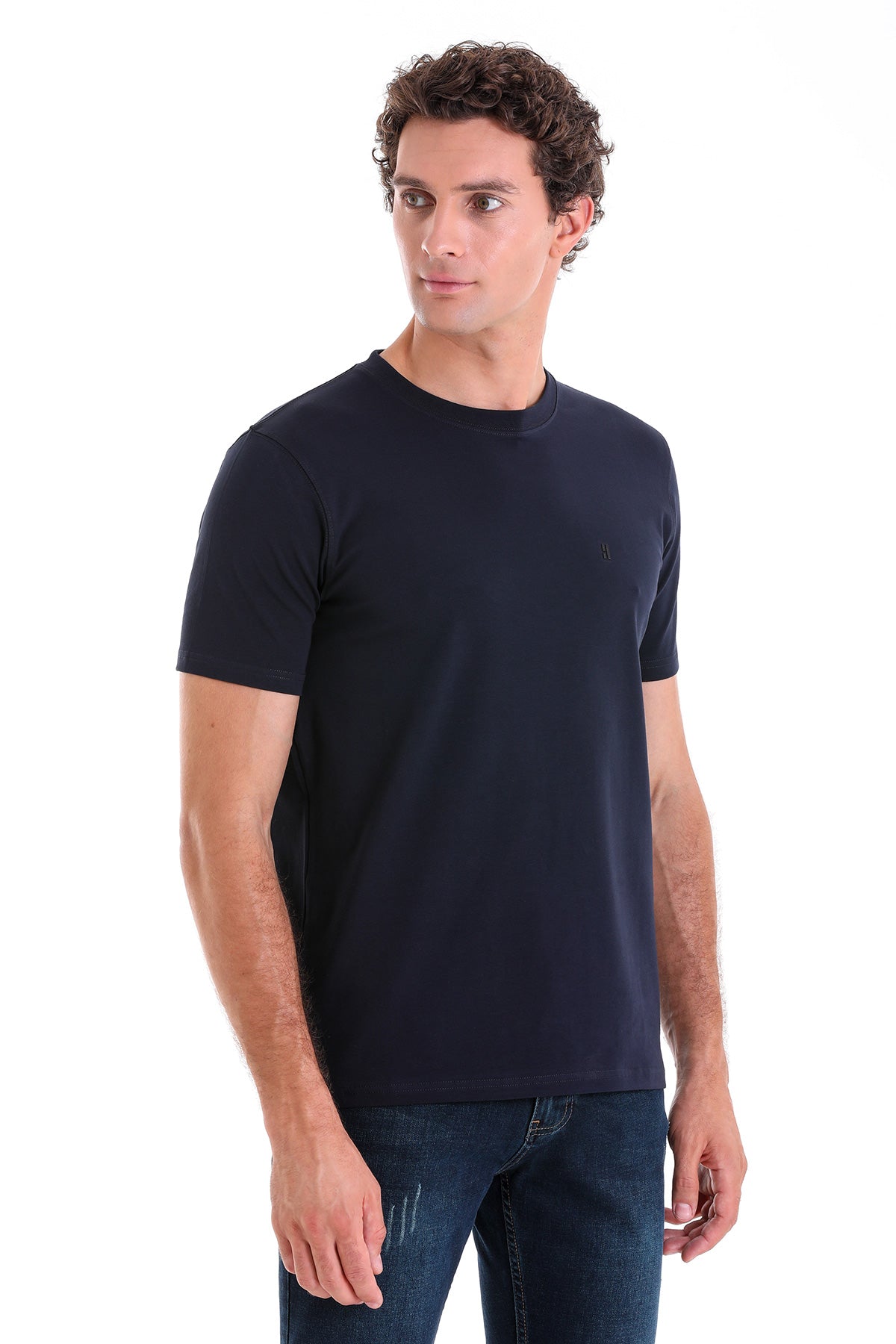 Regular Fit Cotton Blend Navy Crewneck T-Shirt - SAYKI