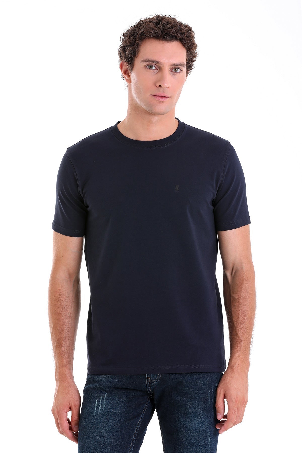 Regular Fit Cotton Blend Navy Crewneck T-Shirt - SAYKI