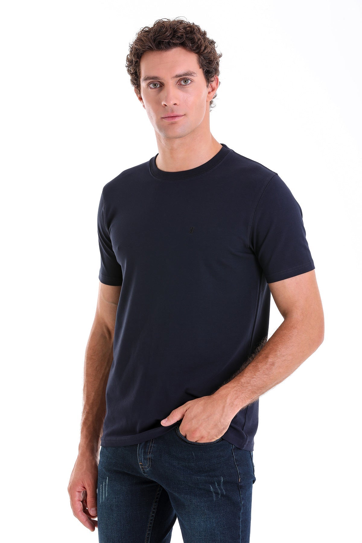 Regular Fit Cotton Blend Navy Crewneck T-Shirt - SAYKI