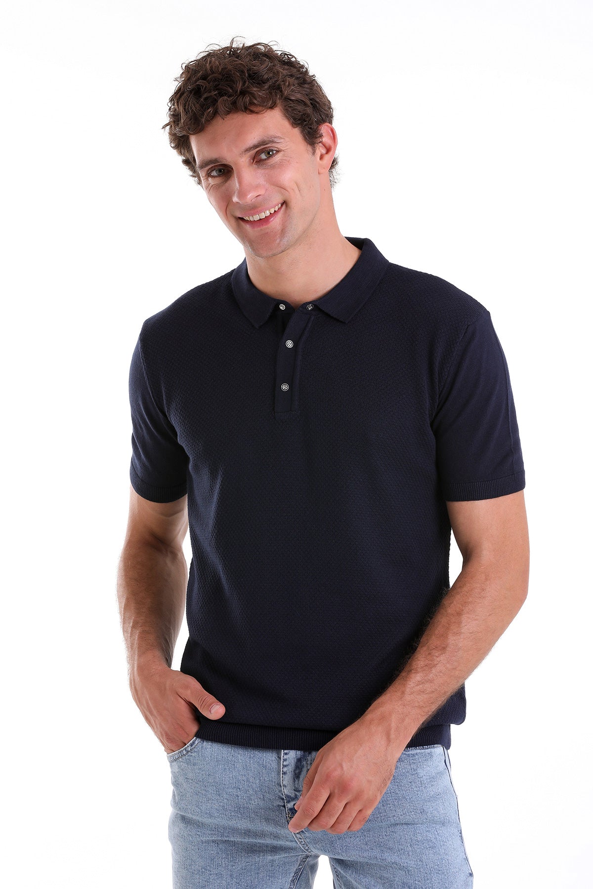 Regular Fit Cotton Blend Navy Jacquard Polo T-Shirt - SAYKI