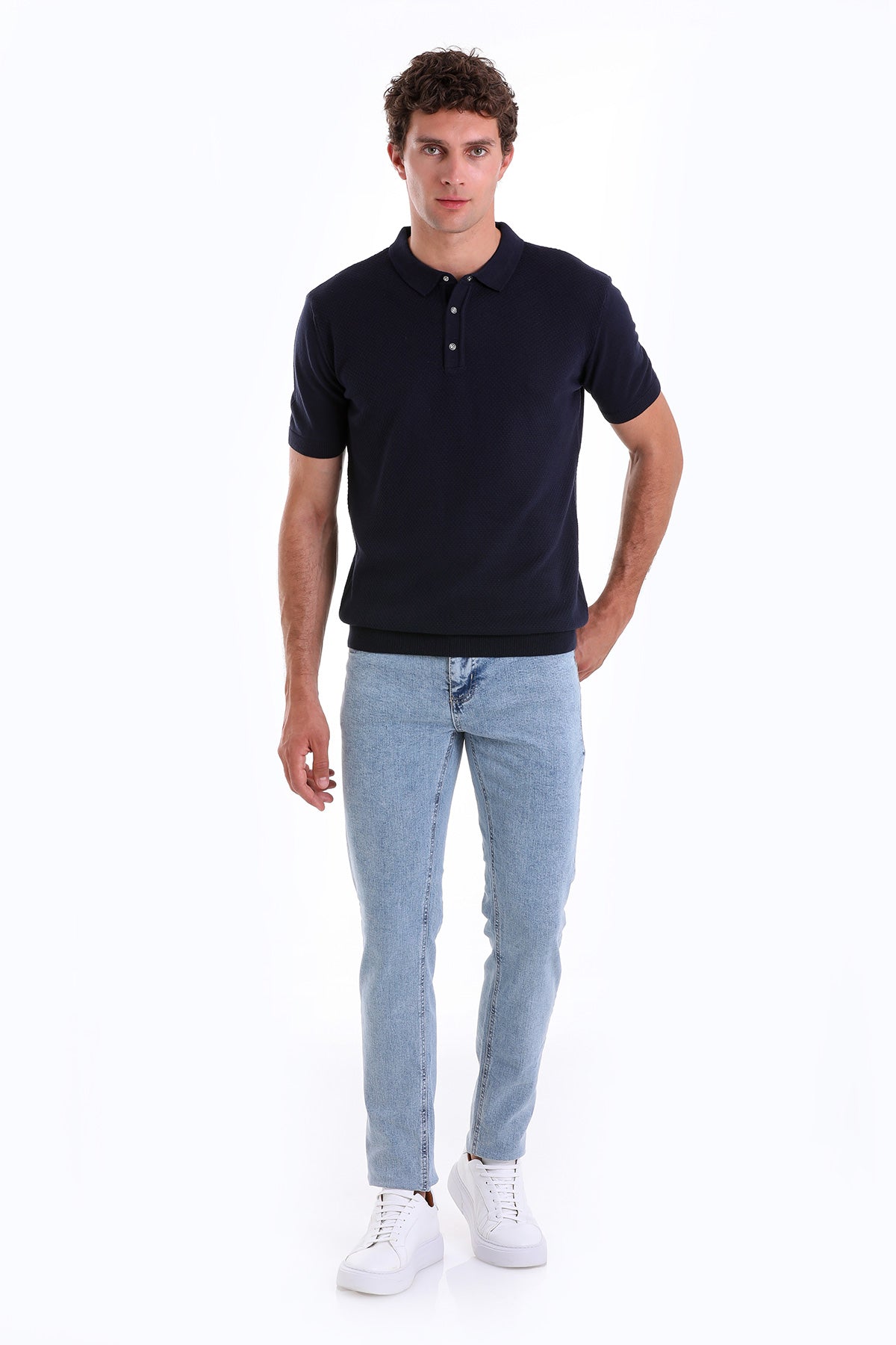 Regular Fit Cotton Blend Navy Jacquard Polo T-Shirt - SAYKI
