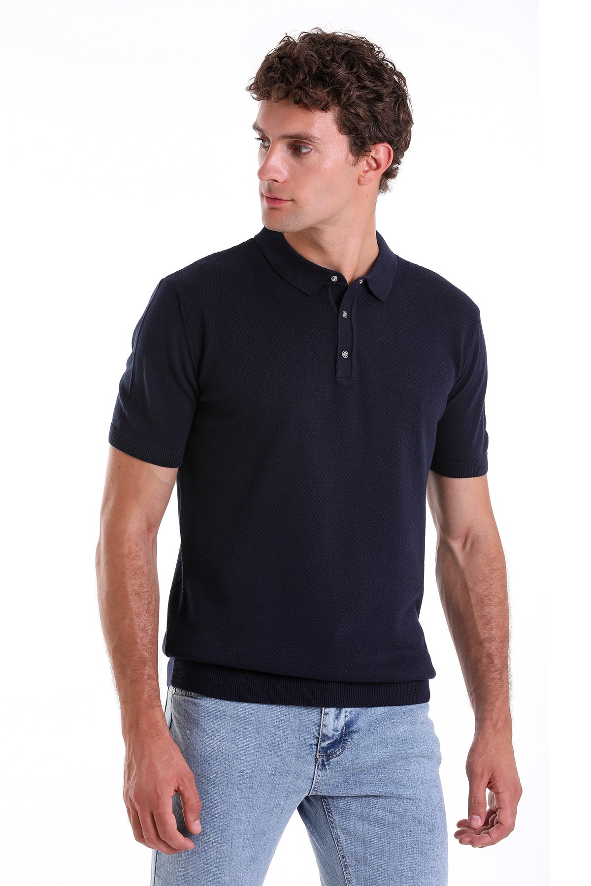 Regular Fit Cotton Blend Navy Jacquard Polo T-Shirt - SAYKI