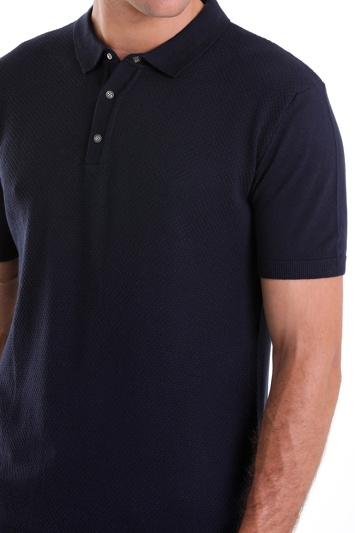 Regular Fit Cotton Blend Navy Jacquard Polo T-Shirt - SAYKI