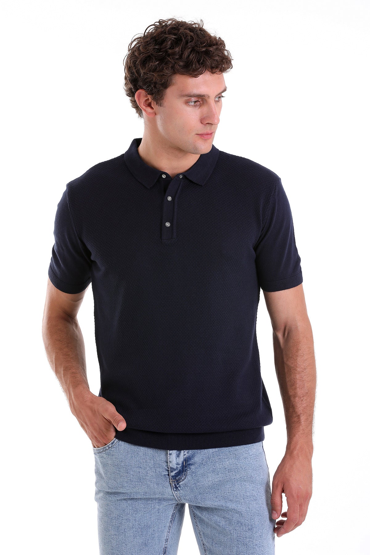 Regular Fit Cotton Blend Navy Jacquard Polo T-Shirt - SAYKI