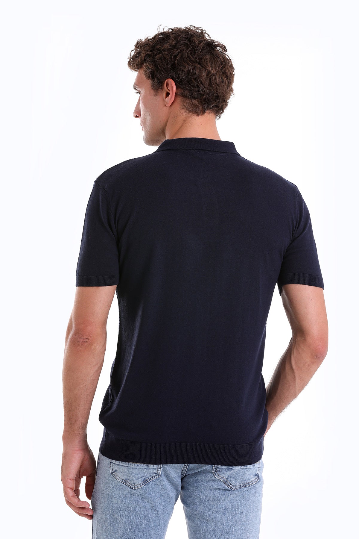 Regular Fit Cotton Blend Navy Jacquard Polo T-Shirt - SAYKI