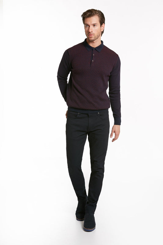 Regular Fit Cotton Blend Navy Light Burgundy Polo Sweater
