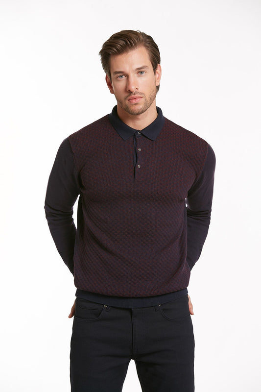 Regular Fit Cotton Blend Navy Light Burgundy Polo Sweater