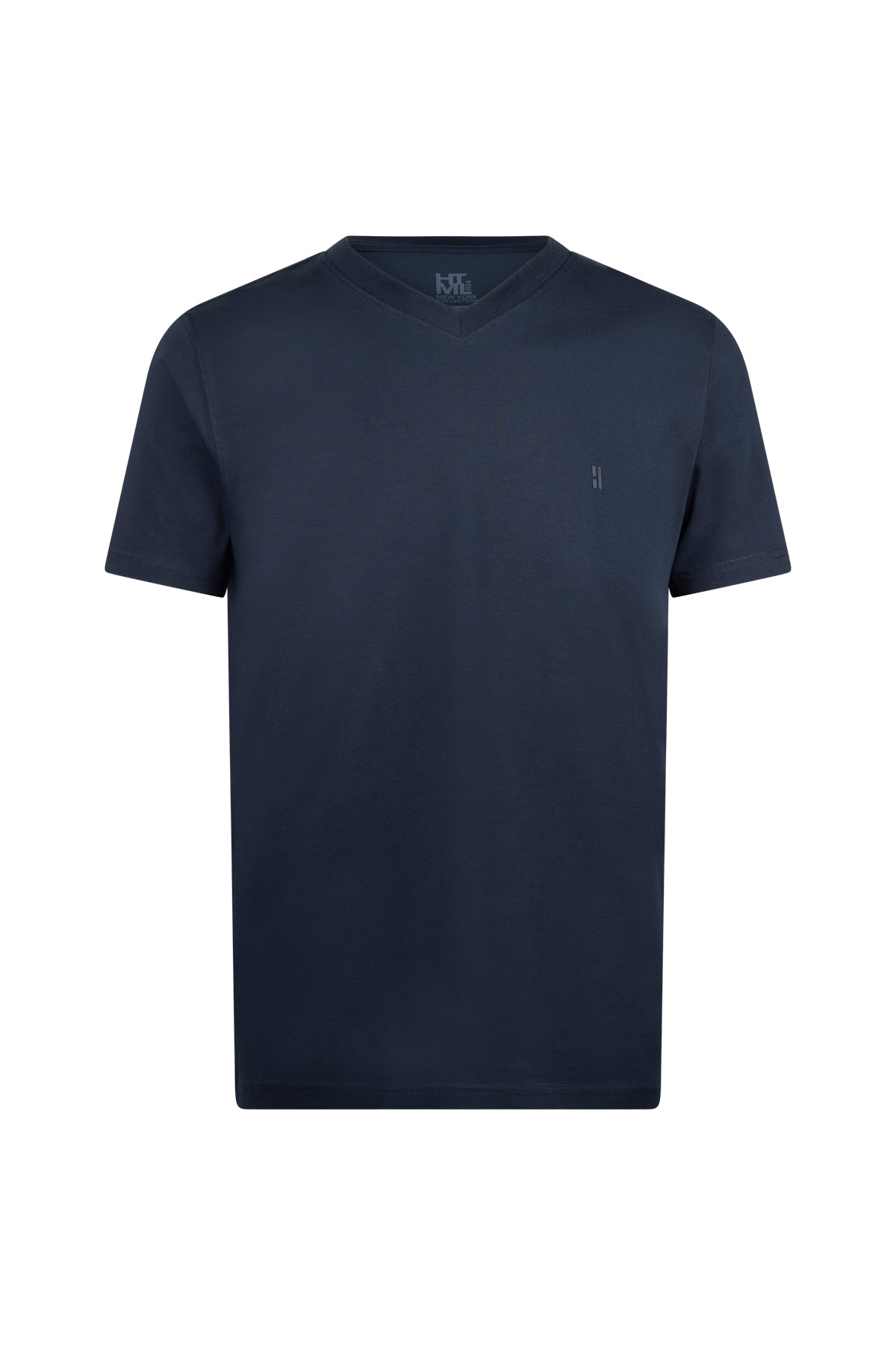 Dark navy blue short-sleeved v-neck t-shirt with subtle embroidered logo on the chest.