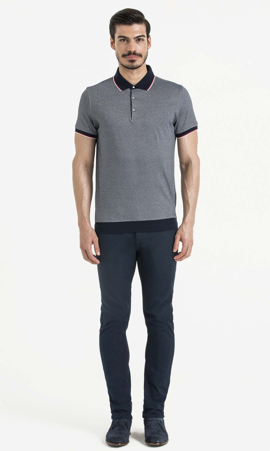 Regular Fit Cotton Blend Navy - White Polo T-Shirt - SAYKI