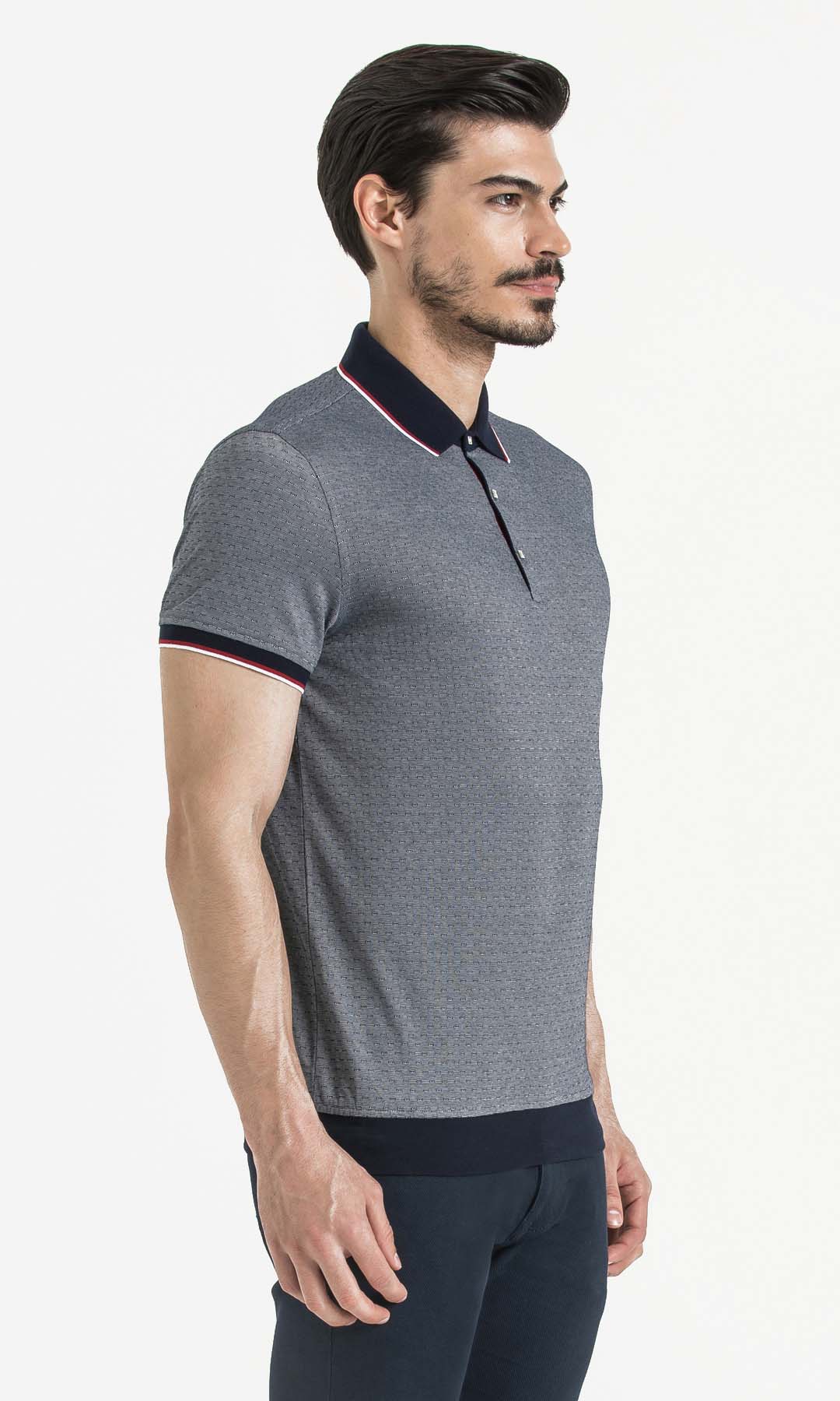 Regular Fit Cotton Blend Navy - White Polo T-Shirt - SAYKI