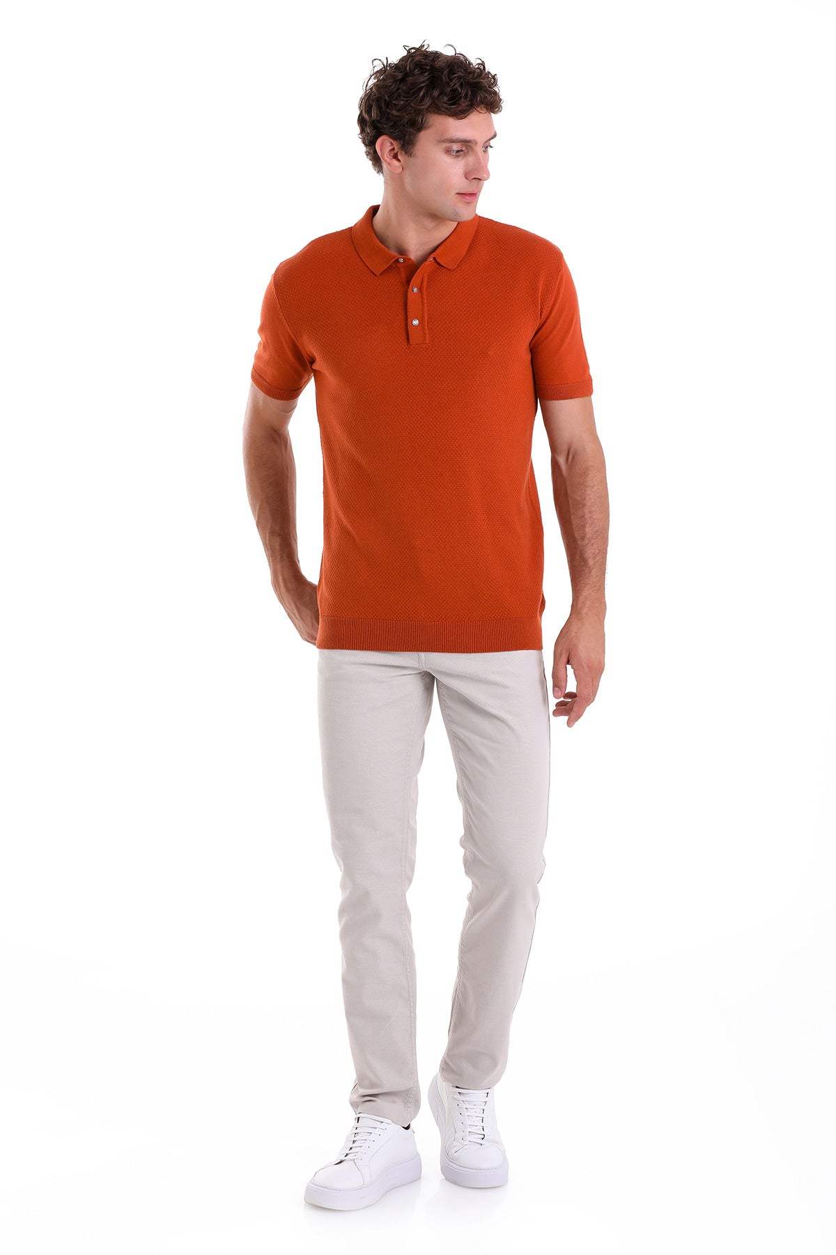 Regular Fit Cotton Blend Orange Jacquard Polo T-Shirt