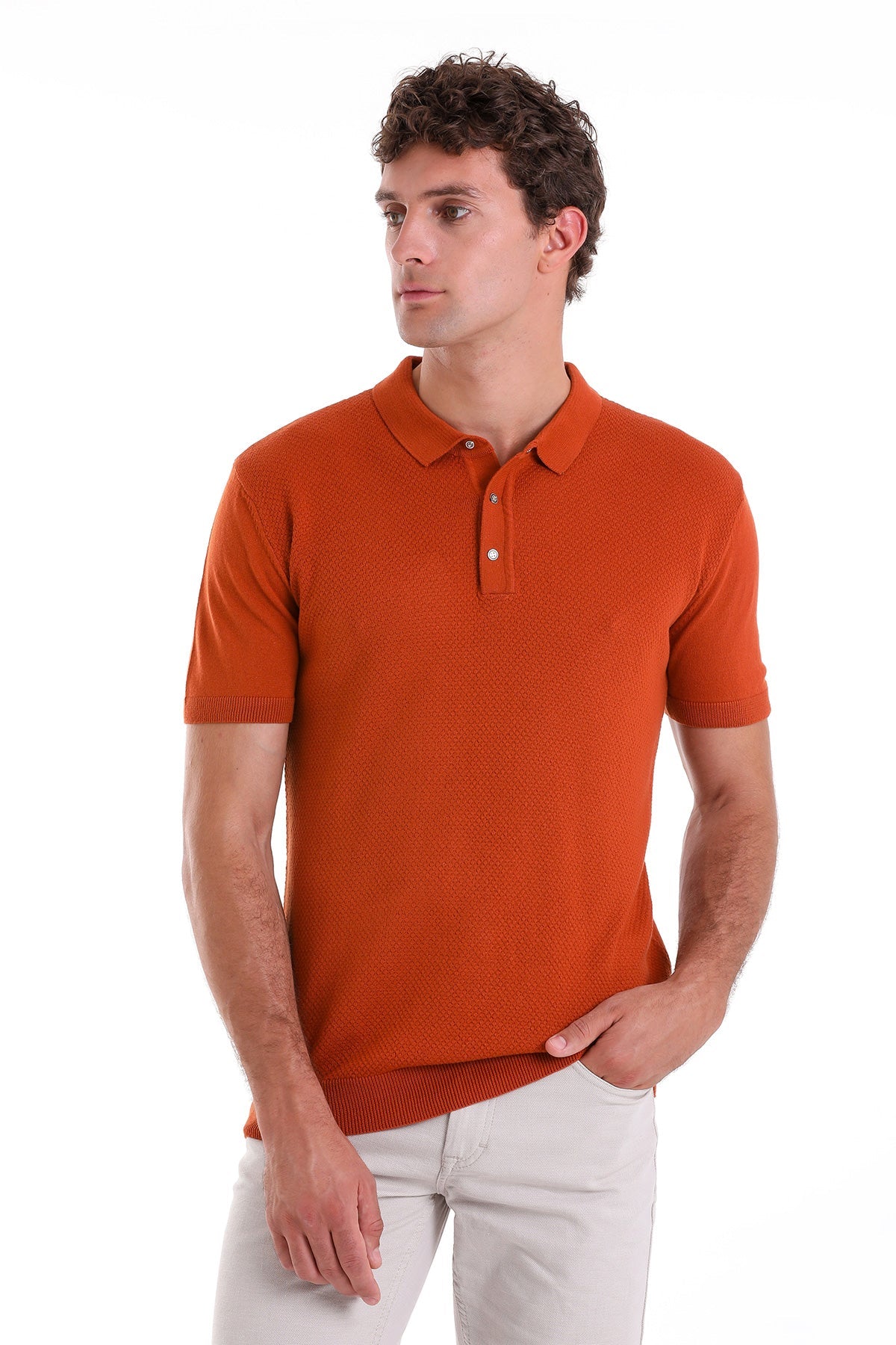 Regular Fit Cotton Blend Orange Jacquard Polo T-Shirt