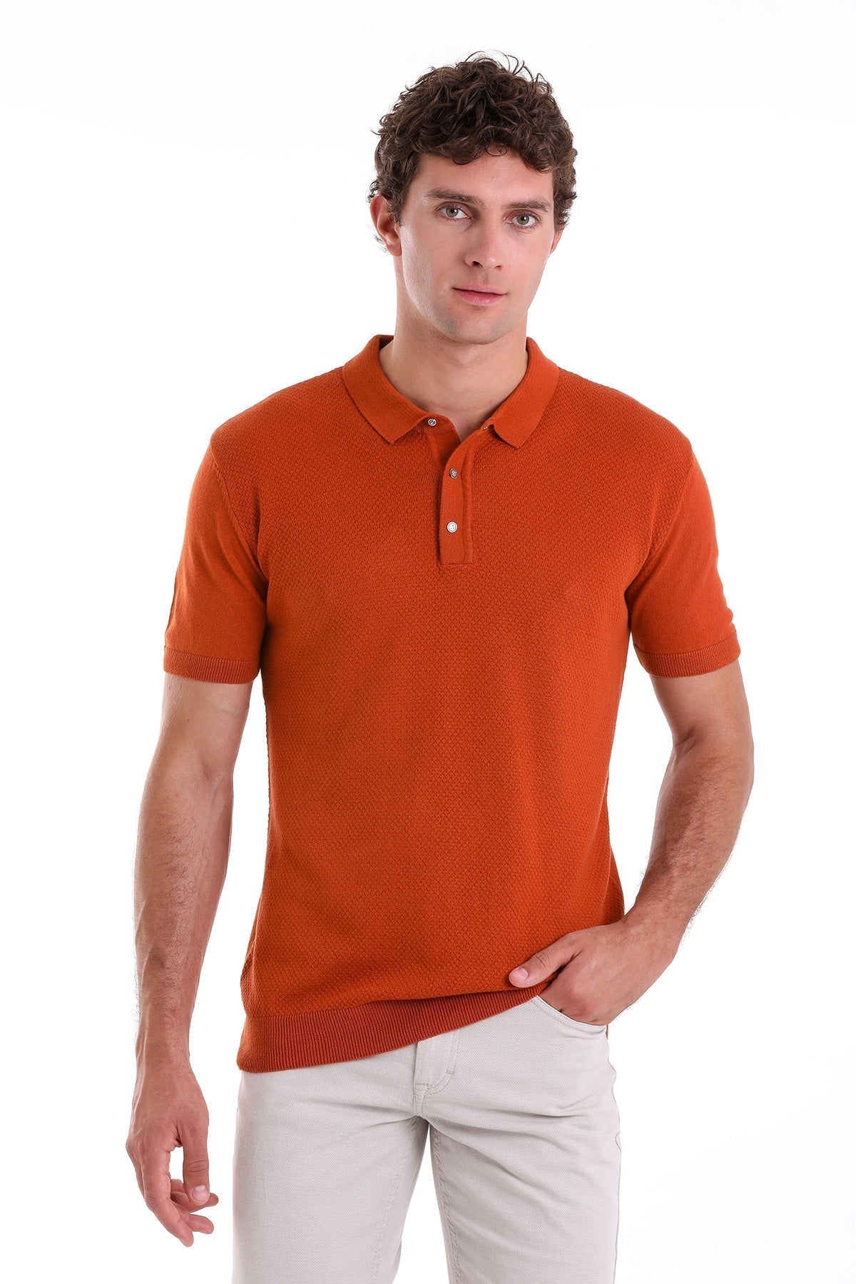 Regular Fit Cotton Blend Orange Jacquard Polo T-Shirt