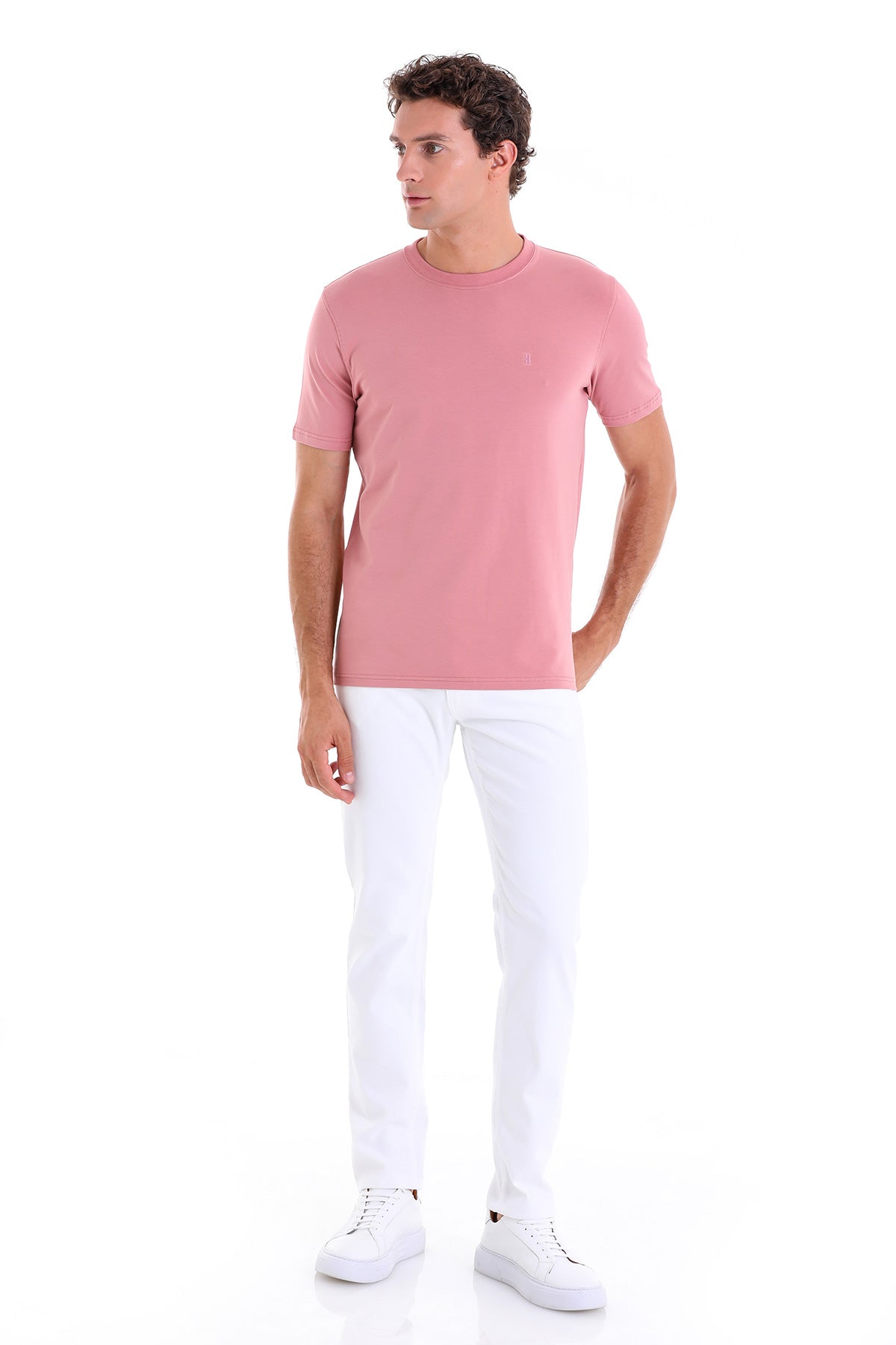 Regular Fit Cotton Blend Pink Crewneck T-Shirt - SAYKI