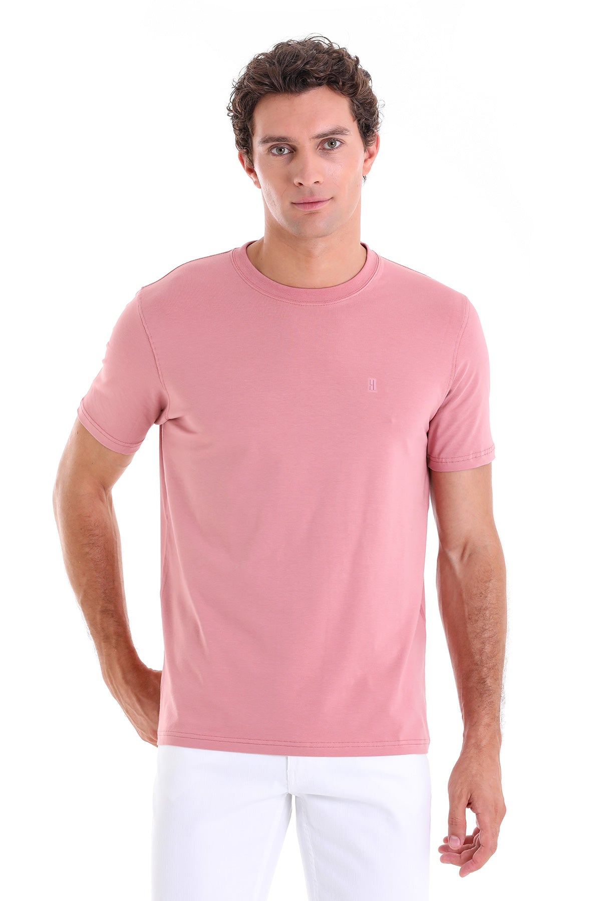 A soft pink, short-sleeved crew neck t-shirt with a subtle embroidered logo on the left chest.