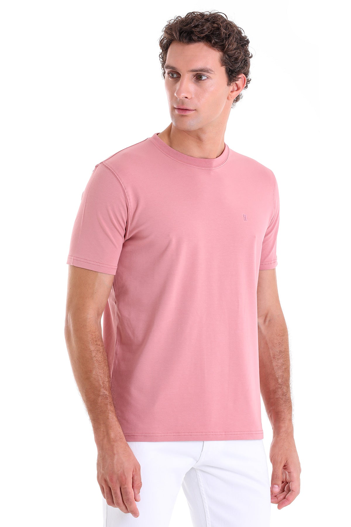 Regular Fit Cotton Blend Pink Crewneck T-Shirt - SAYKI