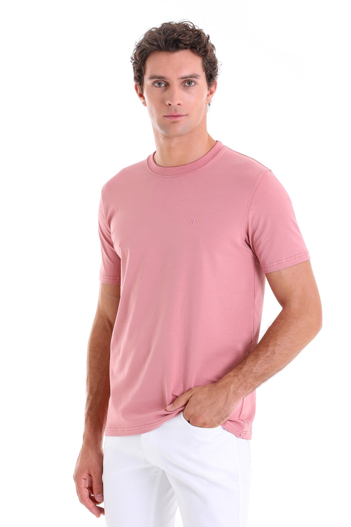 Regular Fit Cotton Blend Pink Crewneck T-Shirt - SAYKI