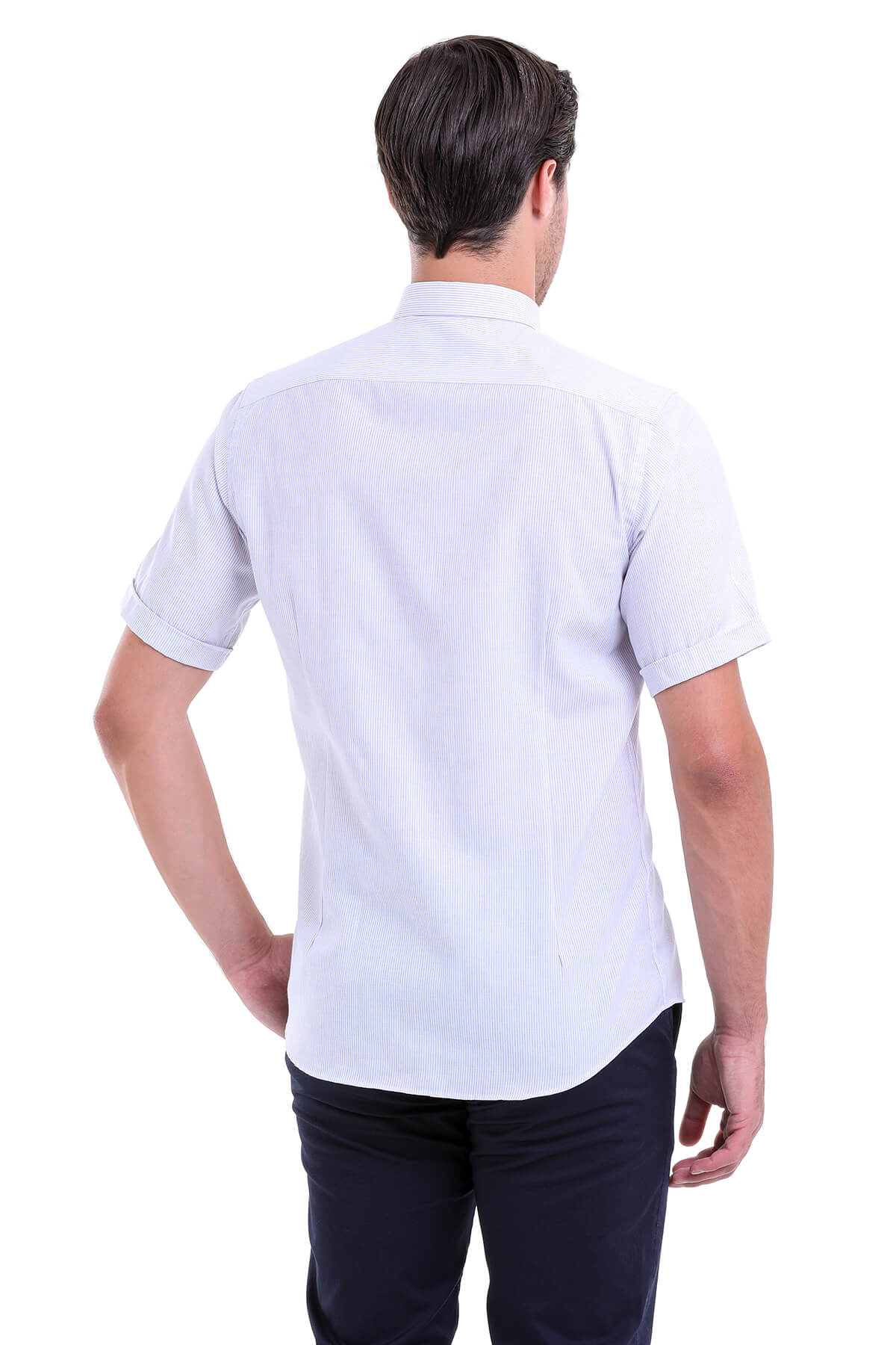 Regular Fit Cotton Blend Pinstripe Gray Dress Shirt - SAYKI