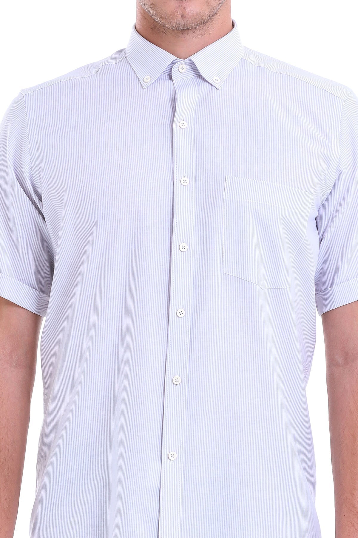 Regular Fit Cotton Blend Pinstripe Gray Dress Shirt - SAYKI