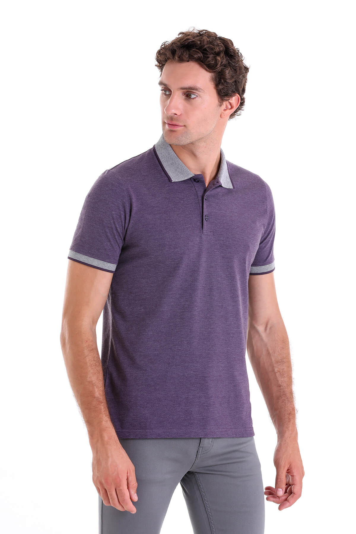 Purple textured short-sleeved polo shirt with a contrasting gray collar and sleeve trim.