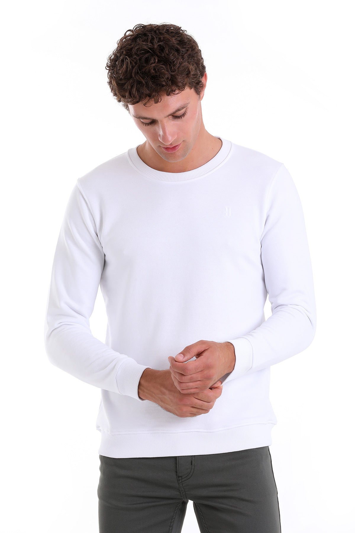 Regular Fit Cotton Blend White Crewneck Sweatshirt - SAYKI