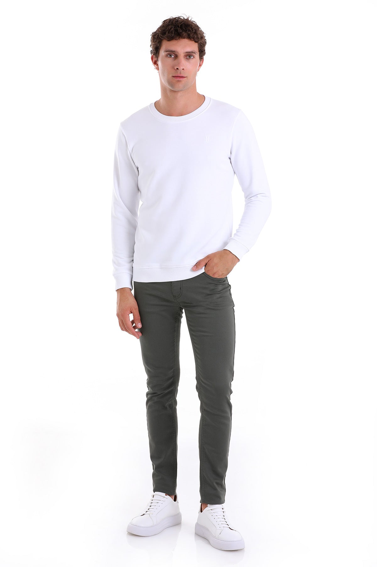 Regular Fit Cotton Blend White Crewneck Sweatshirt - SAYKI