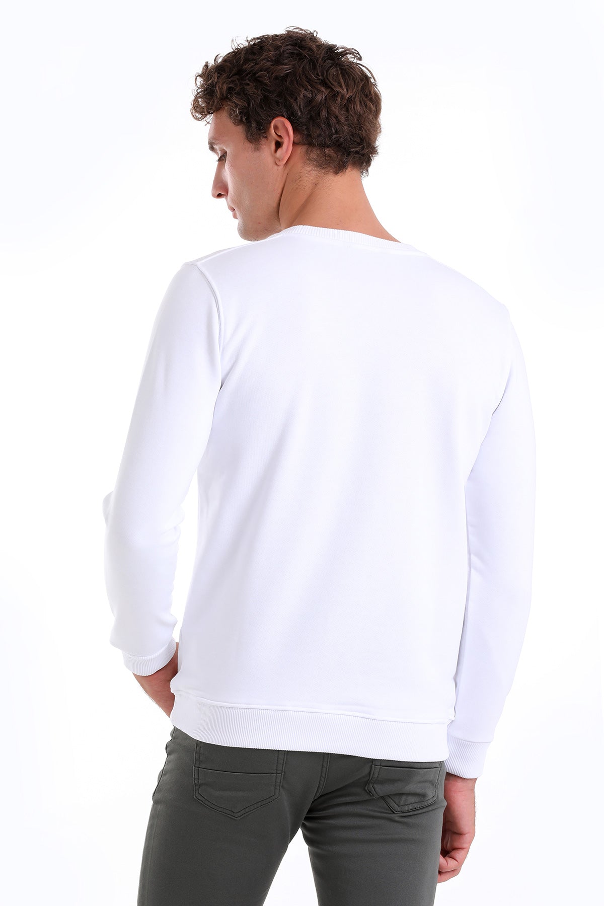 Regular Fit Cotton Blend White Crewneck Sweatshirt - SAYKI