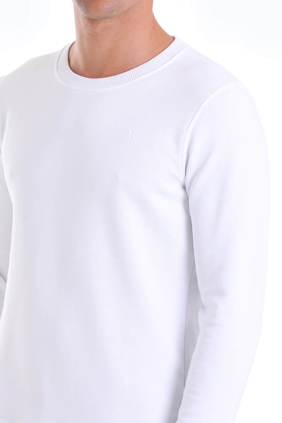 Regular Fit Cotton Blend White Crewneck Sweatshirt - SAYKI