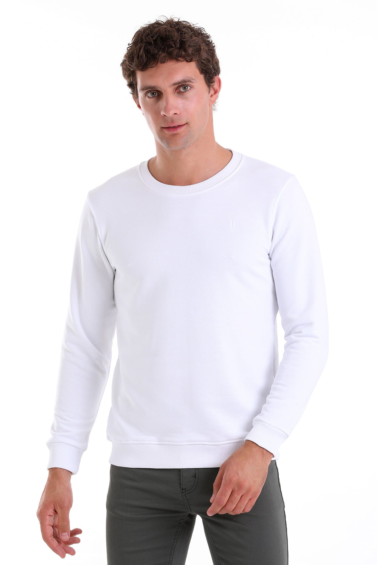 Regular Fit Cotton Blend White Crewneck Sweatshirt - SAYKI
