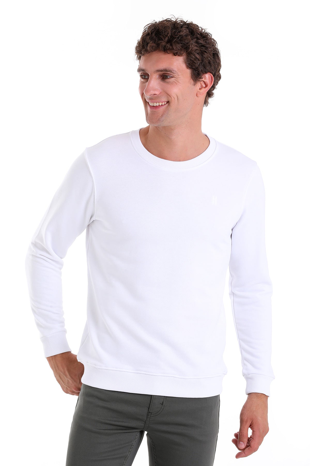 Regular Fit Cotton Blend White Crewneck Sweatshirt - SAYKI