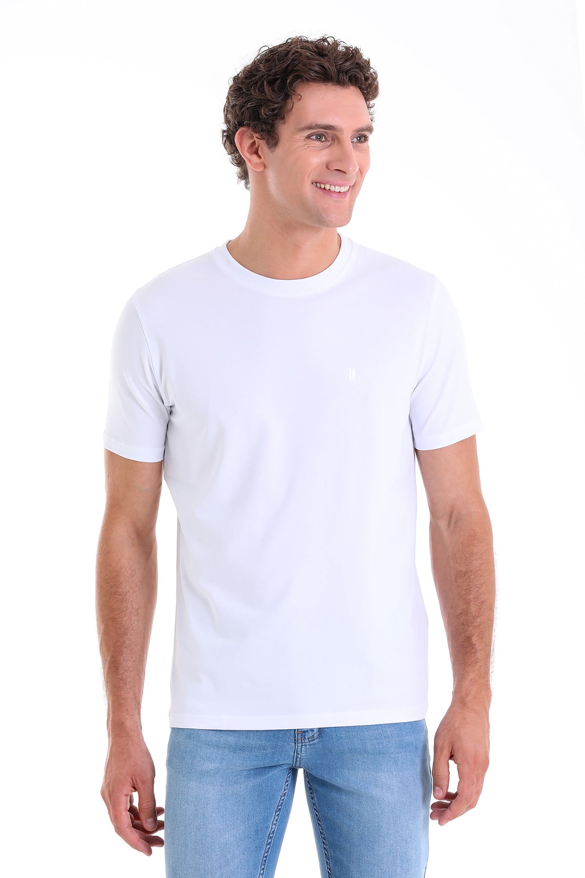 Regular Fit Cotton Blend White Crewneck T-Shirt - SAYKI