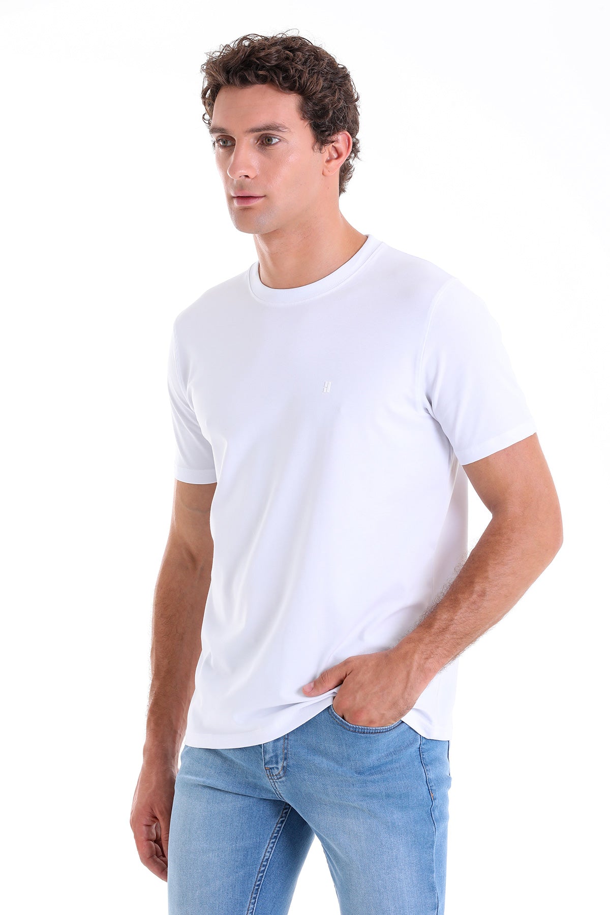 Regular Fit Cotton Blend White Crewneck T-Shirt - SAYKI