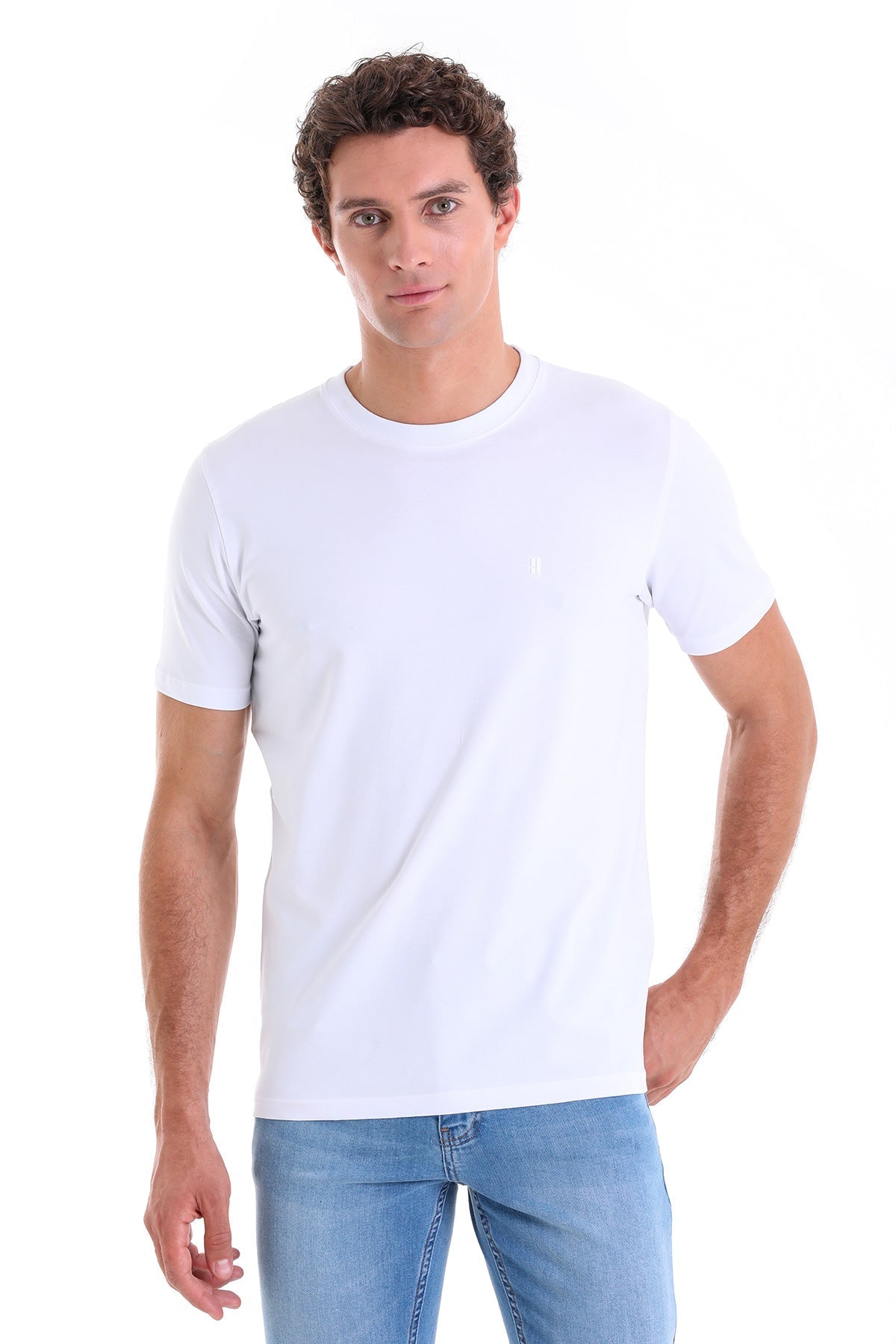 Regular Fit Cotton Blend White Crewneck T-Shirt - SAYKI