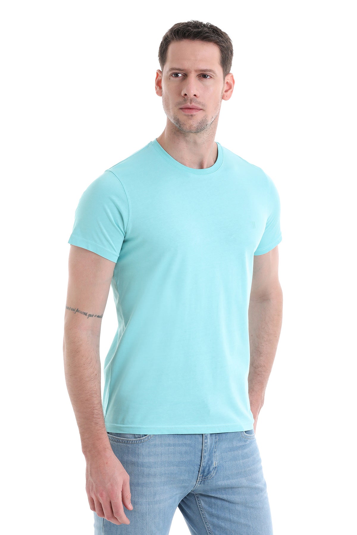 Regular Fit Cotton Blue Crew Neck T-Shirt - SAYKI