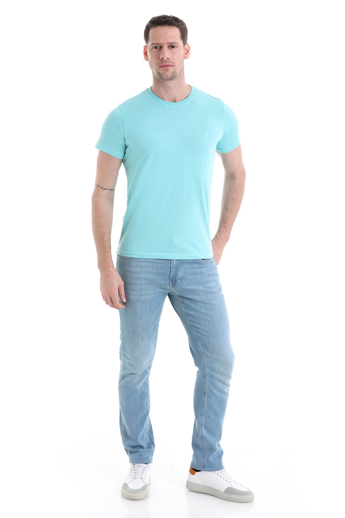 Regular Fit Cotton Blue Crew Neck T-Shirt - SAYKI