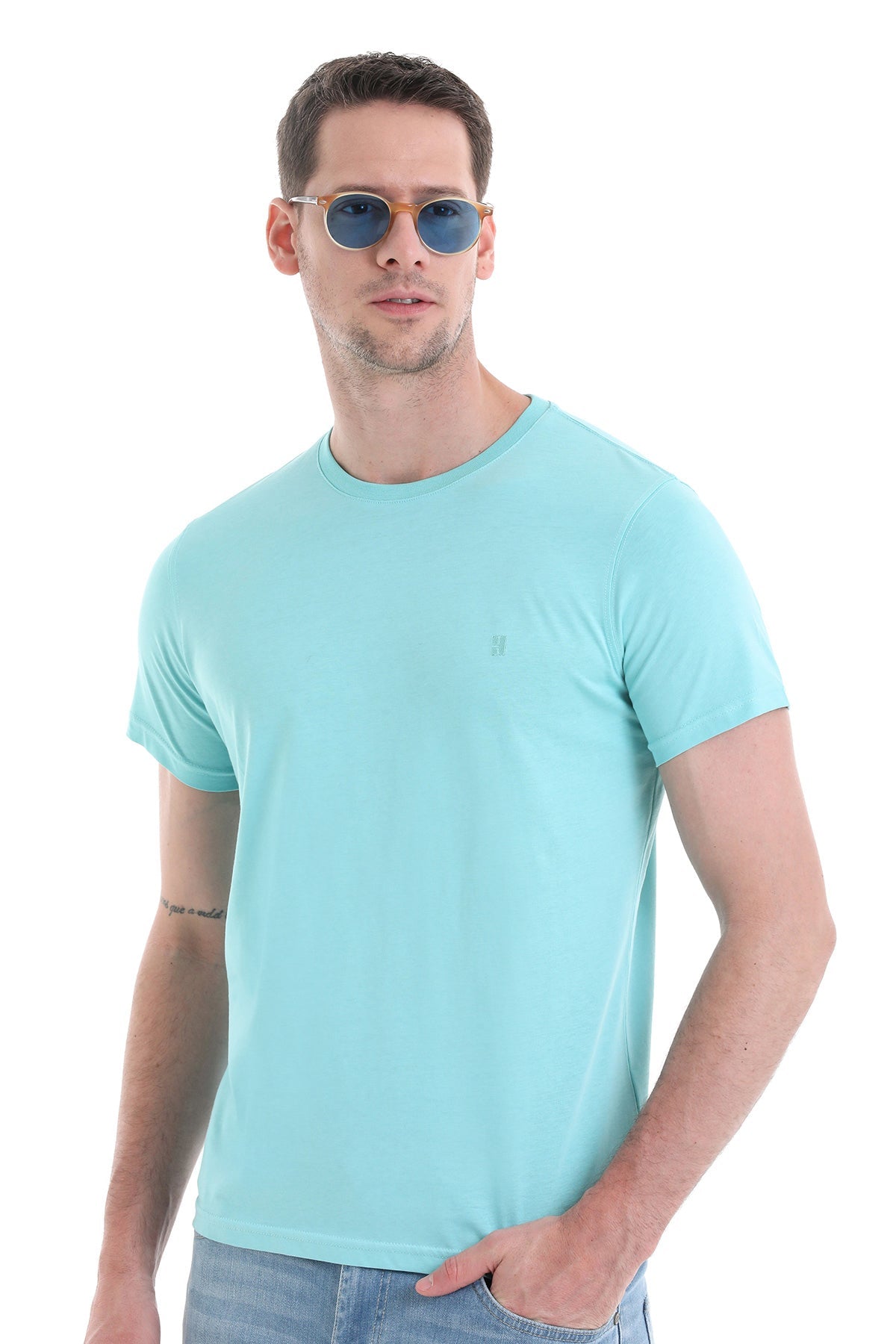 Regular Fit Cotton Blue Crew Neck T-Shirt - SAYKI