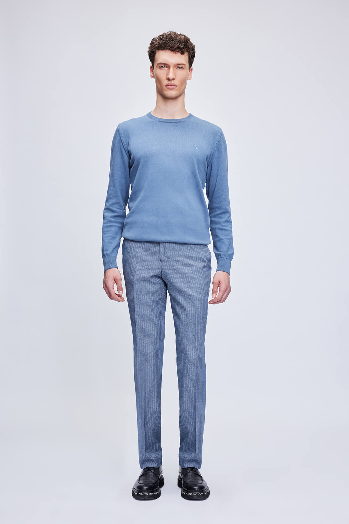 Regular Fit Cotton Blue Crewneck Sweater - SAYKI