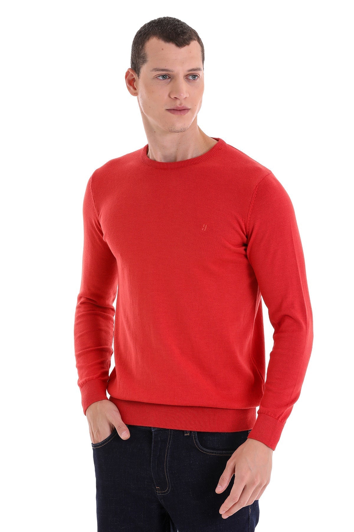 Regular Fit Cotton Brick Crewneck Sweater - SAYKI