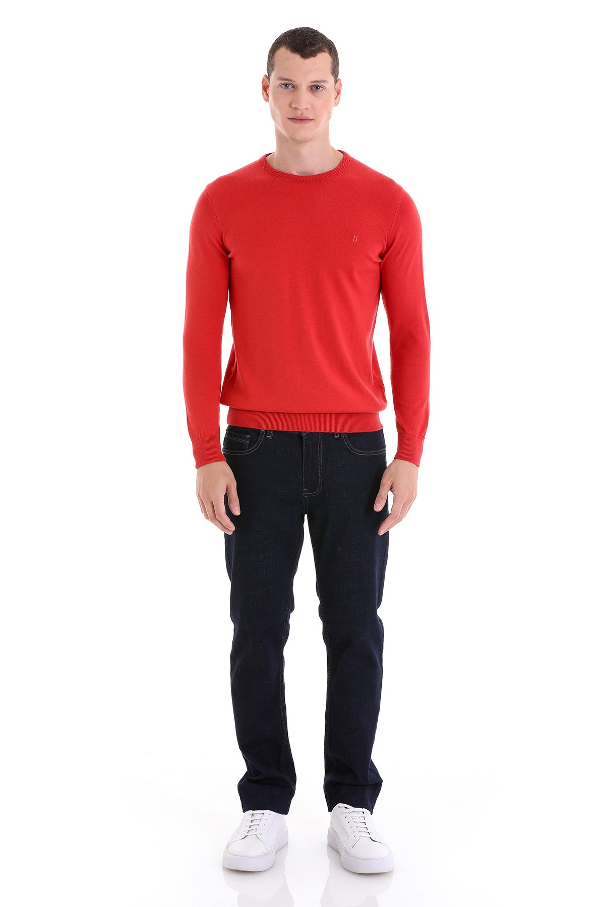 Regular Fit Cotton Brick Crewneck Sweater - SAYKI