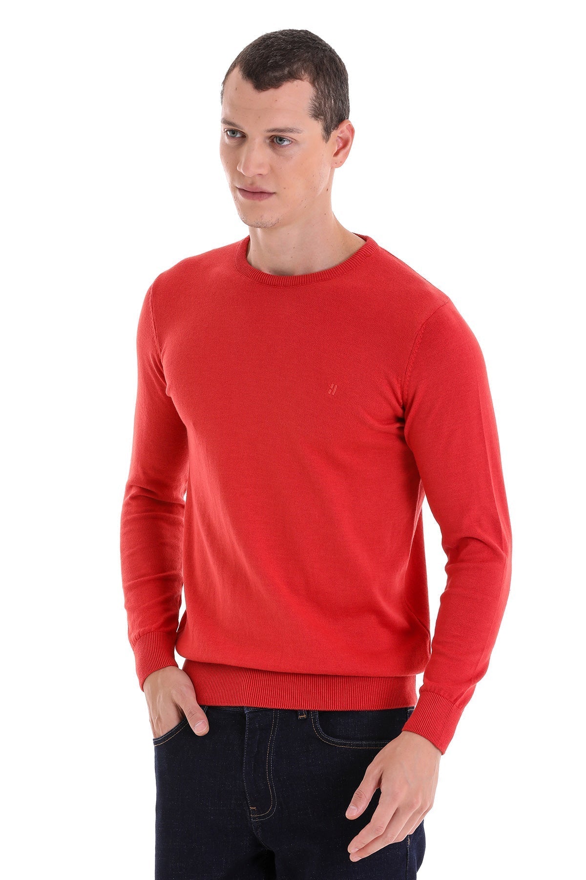 Regular Fit Cotton Brick Crewneck Sweater - SAYKI