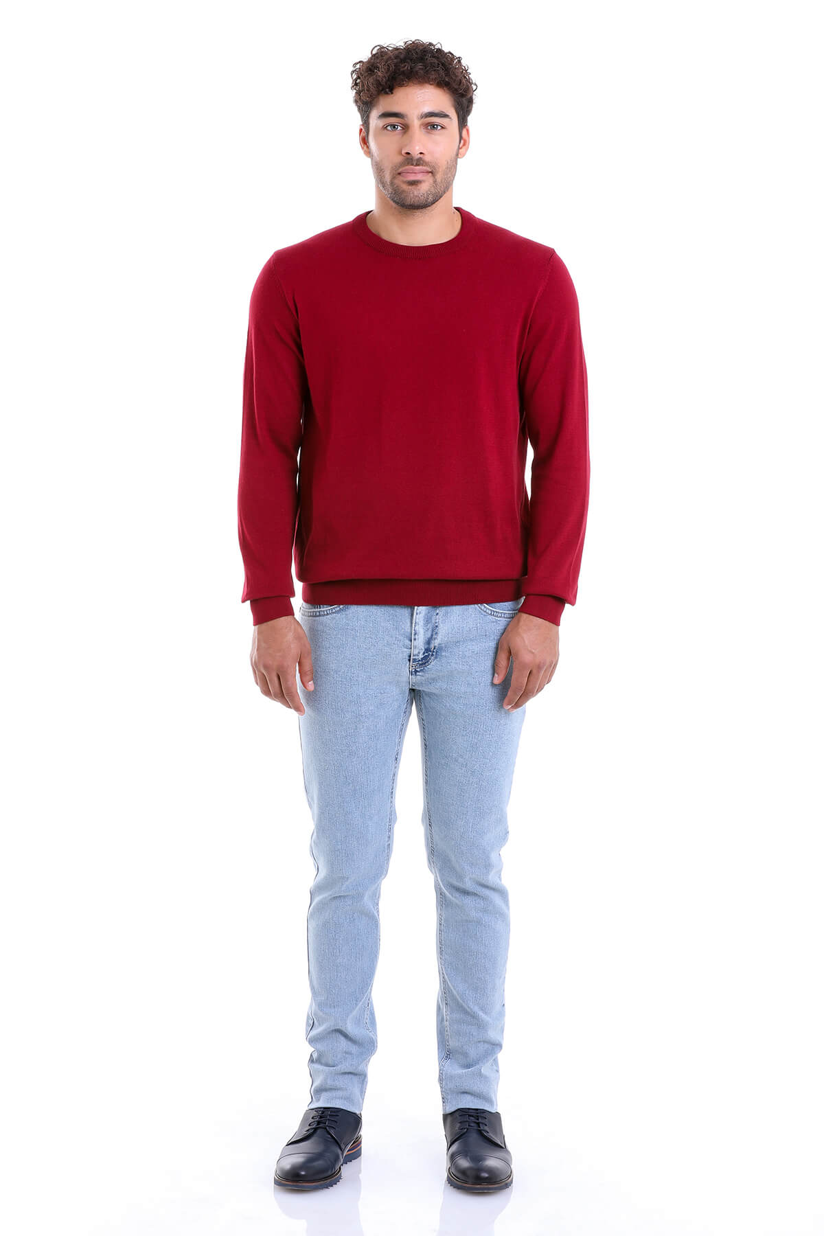 Regular Fit Cotton Burgundy Crewneck Sweater - SAYKI